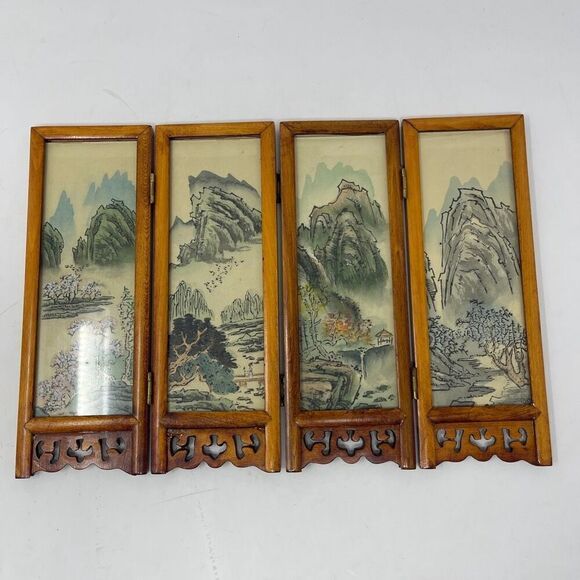 VTG Asian Folding Silk Screen Tabletop Decor Double Sided Mountain Scenes 7" H - Picture 2 of 5